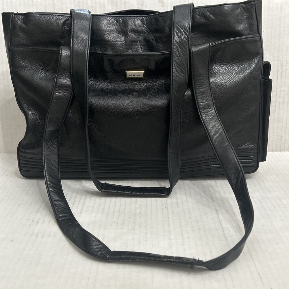 Perlina New York Soft Black Leather Handbag Briefcase Tote 4 Large Pockets